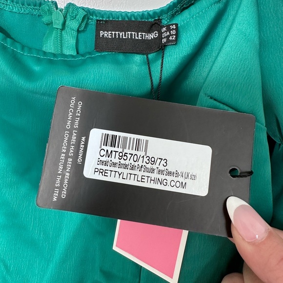 PLT Satin Puff Sleeve Bodycon Dress - Emerald Green - Picture 7 of 9